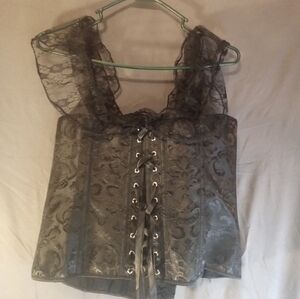 No Brand Plus Size Bone Black Lace-Trim Brocade Corset Top
